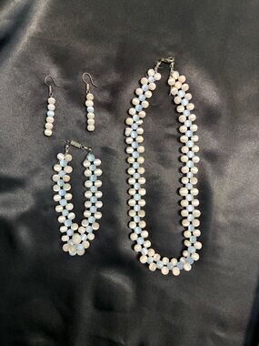 Pastel Blue & White Beaded Necklace with Matching Earrings - Unbranded